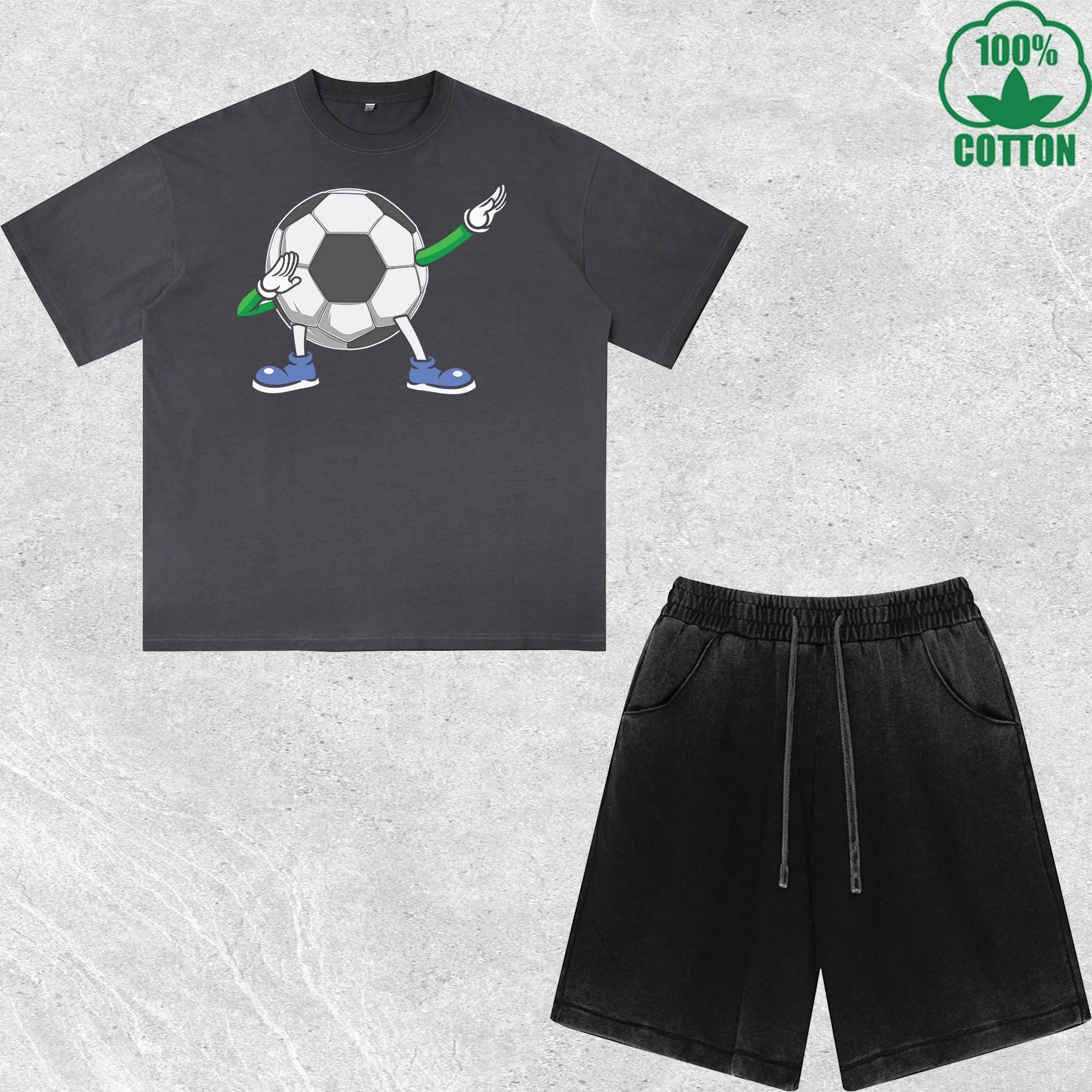 

Styling Football Printed Dirty Wash T-Shirt Shorts Set Combo Loose Trendy Fashionable 100%Cotton Black Suit