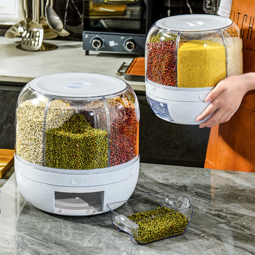 360° Rotating Rice Dispenser Sealed Dry Cereal Grain Bucket Tank Moisture-proof Insectproof Kitchen Food Container Storage Box