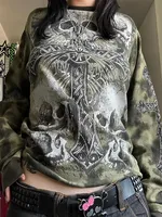 Gothic Skull Print Long Sleeve T-shirt for Women Autumn y2k Fairy Grunge Clothing Streetwear