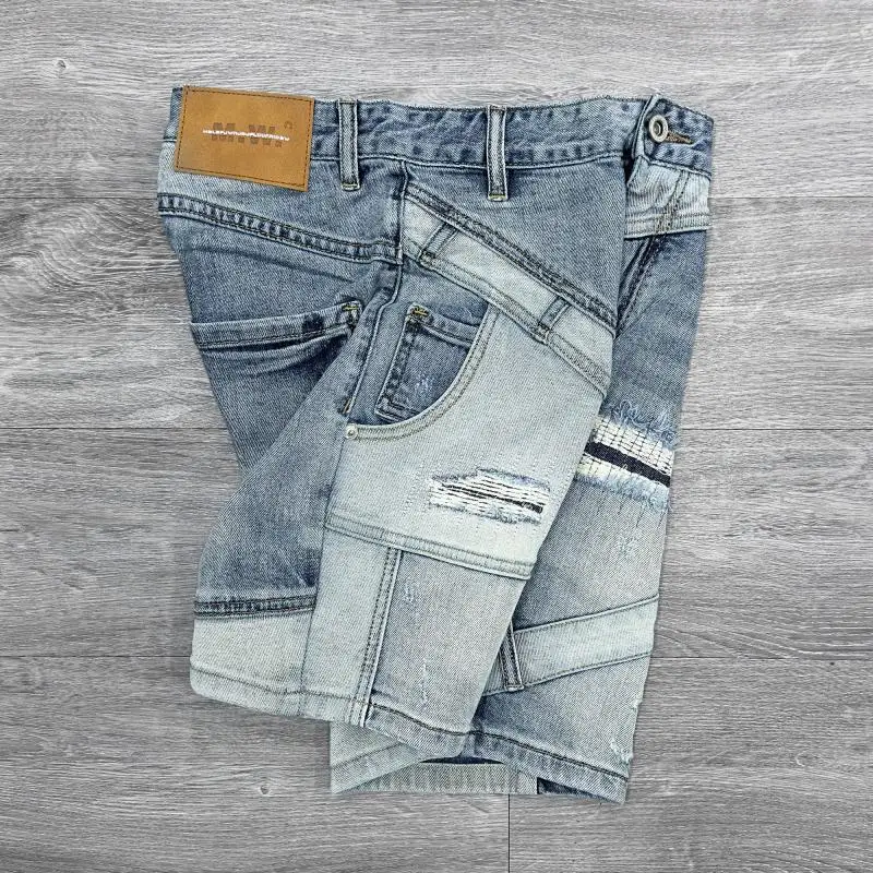 New Shorts Men\'s Spliced Denim Shorts Knee Length Designer Luxury Streetwear Distressed Korean Luxury Casual Summer Short Jeans