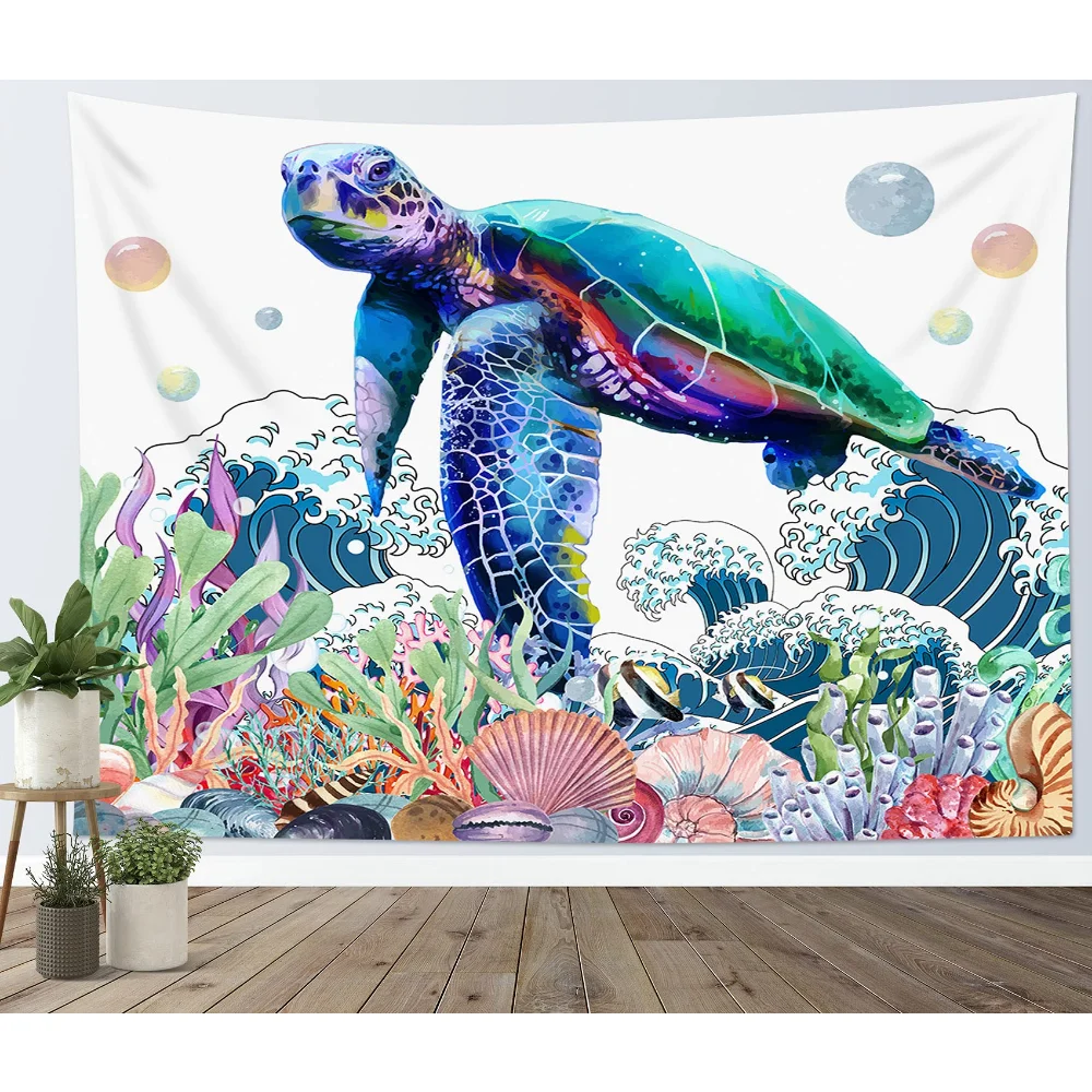 Sea Turtle Tapestry Great Wave Marine Life Wall Hanging Watercolor Ocean Animal Home Room Living Room Decor Wall Blanket Cloth