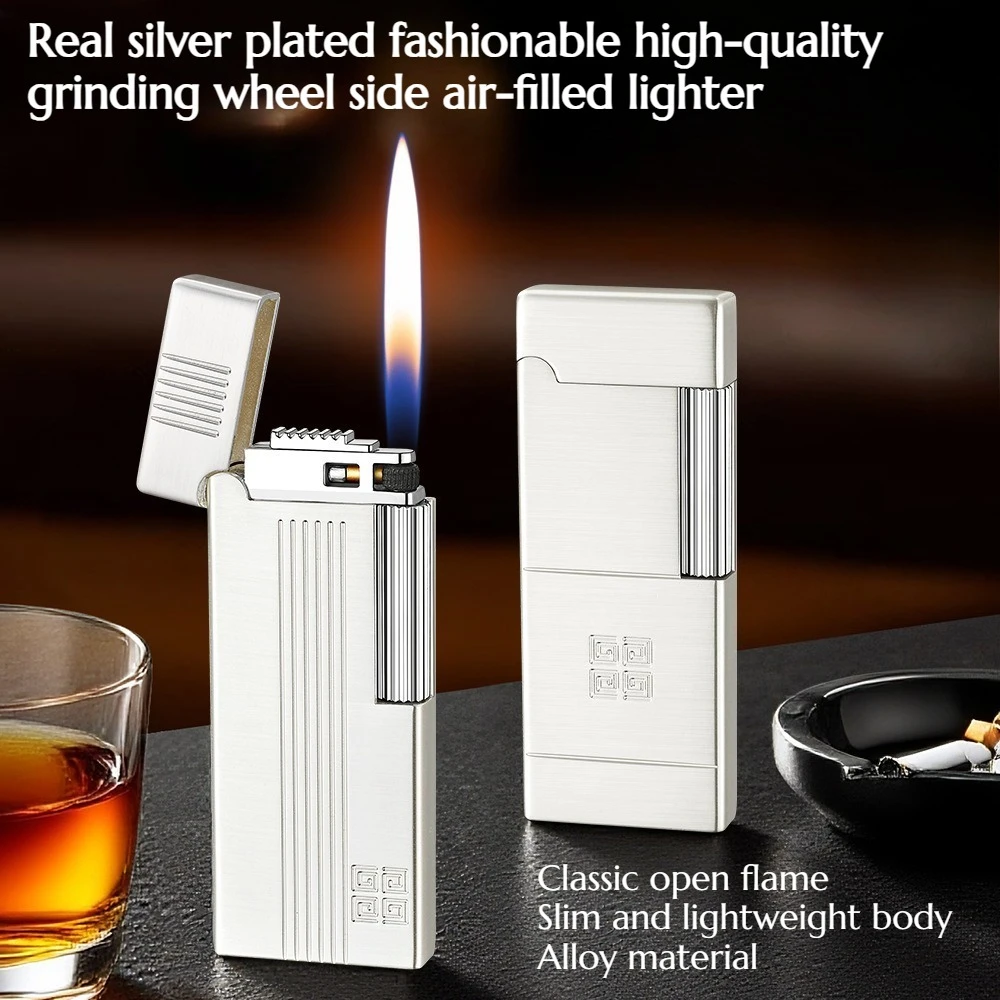 

Серебряная модная высококачественная газовая зажигалка с боковым поджигом и открытым пламенем, высококачественный подарок для мужчин