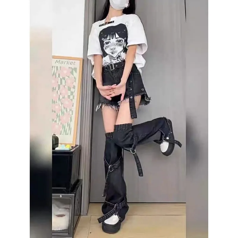 Hip Hop Harajuku Femme Shorts Y2k High Waist Streetwear Black Pants Leg Warmer High Street Set Women 2 Pieces Pantalones Cortos