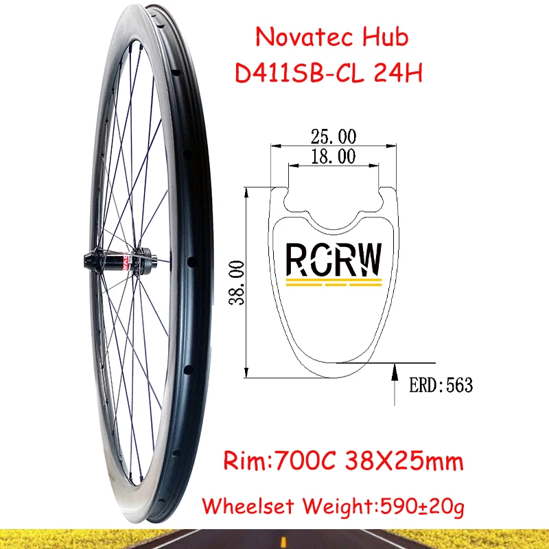 700C Road 38X25mm Front Wheelset Carbon Rim 24Hole Tubeless Clincher 25 Wide 38 Deep Novatec D411SB-CL Center Lock Hub