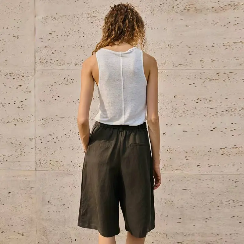 Women's Lyocell Linen Mid-Length Pants Classic Basic High-Waisted Summer Office Ladies Suit Pant Loose Casual Straight Pants