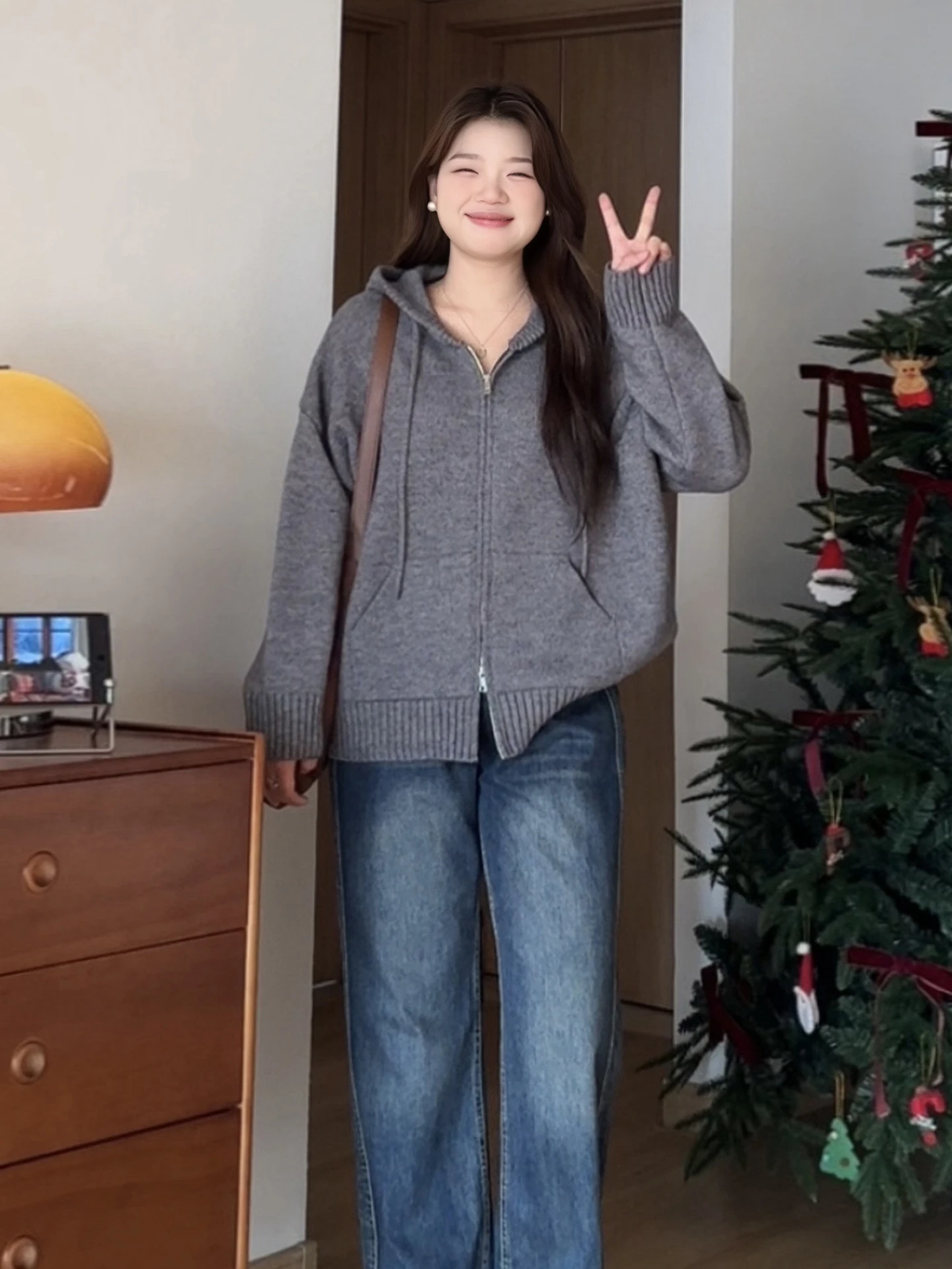 

Женская вязаная толстовка больших размеров с двойной молнией, повседневная зимняя верхняя одежда, удобная корейская одежда на подкладке с высокой талией