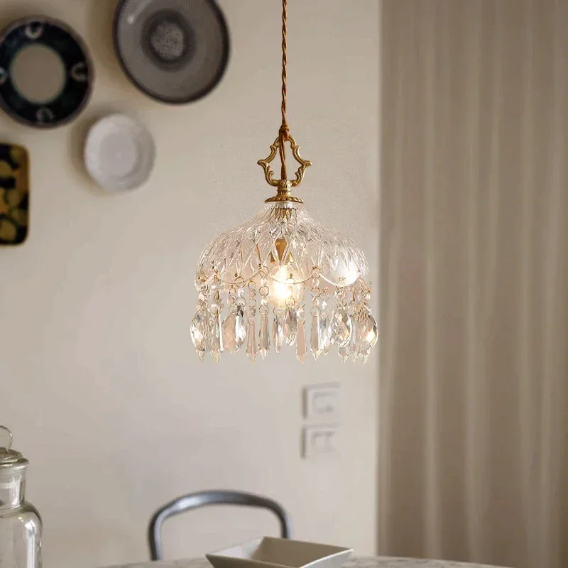 

French Retro Glass Hanging Light Indoor LED Luxury Art Copper Chandelier Bedroom Bar Restaurant Table Pendant Lamp