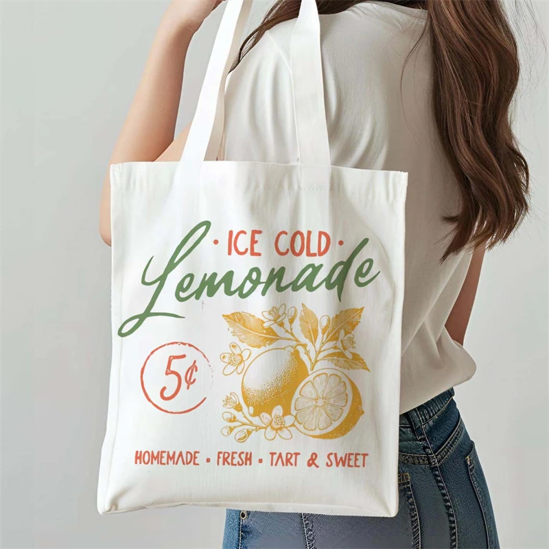 

Ледяной холодный лимонад с принтом фруктов, повседневная многоразовая студенческая белая сумка, дорожная забавная уличная холщовая сумка, сумка для покупок с героями мультфильмов