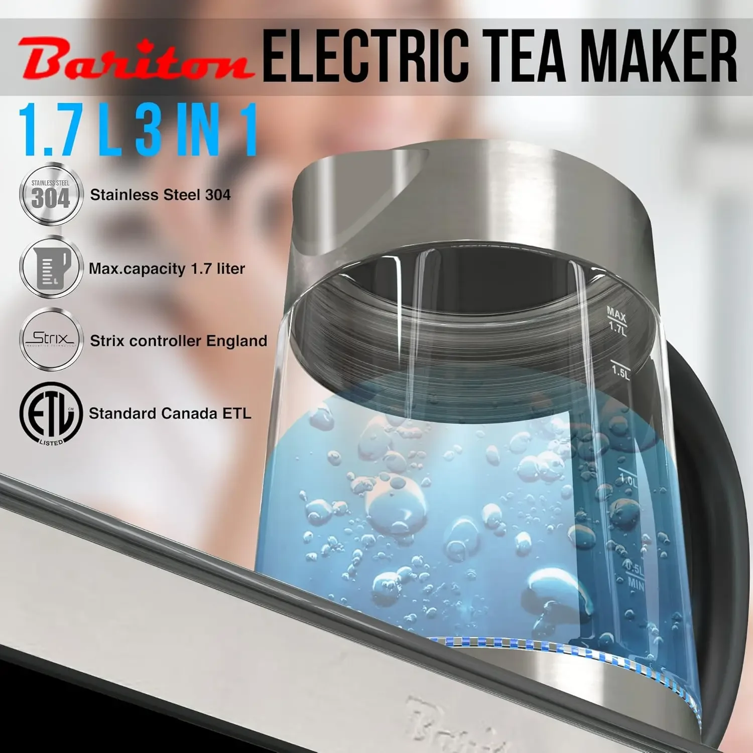 3 in 1 water kettle/TEA MAKER/coffee maker MODEL BTM-1780GS Electronic sensor touch control panel with display, powered by strix