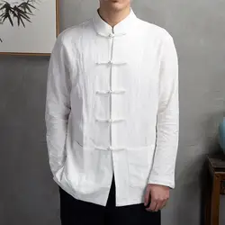 Camisa de estilo chino para hombre, camisa de manga larga con cuello mandarín, camisa tradicional de Kung Fu y Tai Chi, Tops Tang, uniforme de otoño