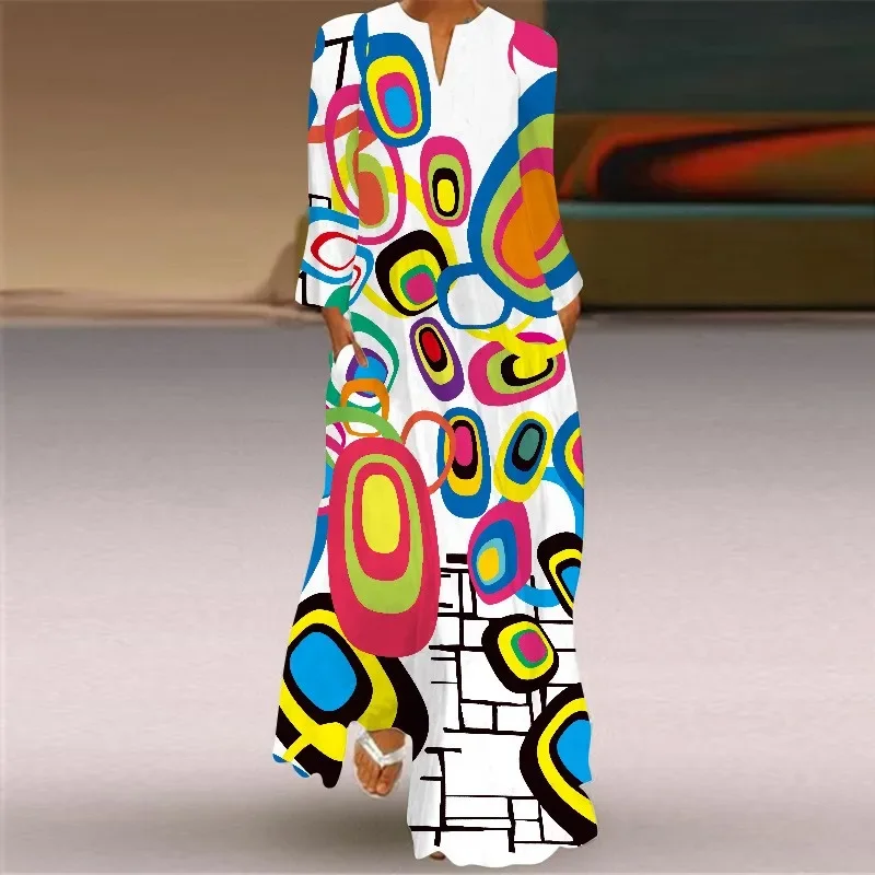 Rainbow Gradient Print Women Dress 2025 New Spring Long Sleeve V-neck Casual Long Dress Woman Elegant Autumn Maxi Dress Big Size
