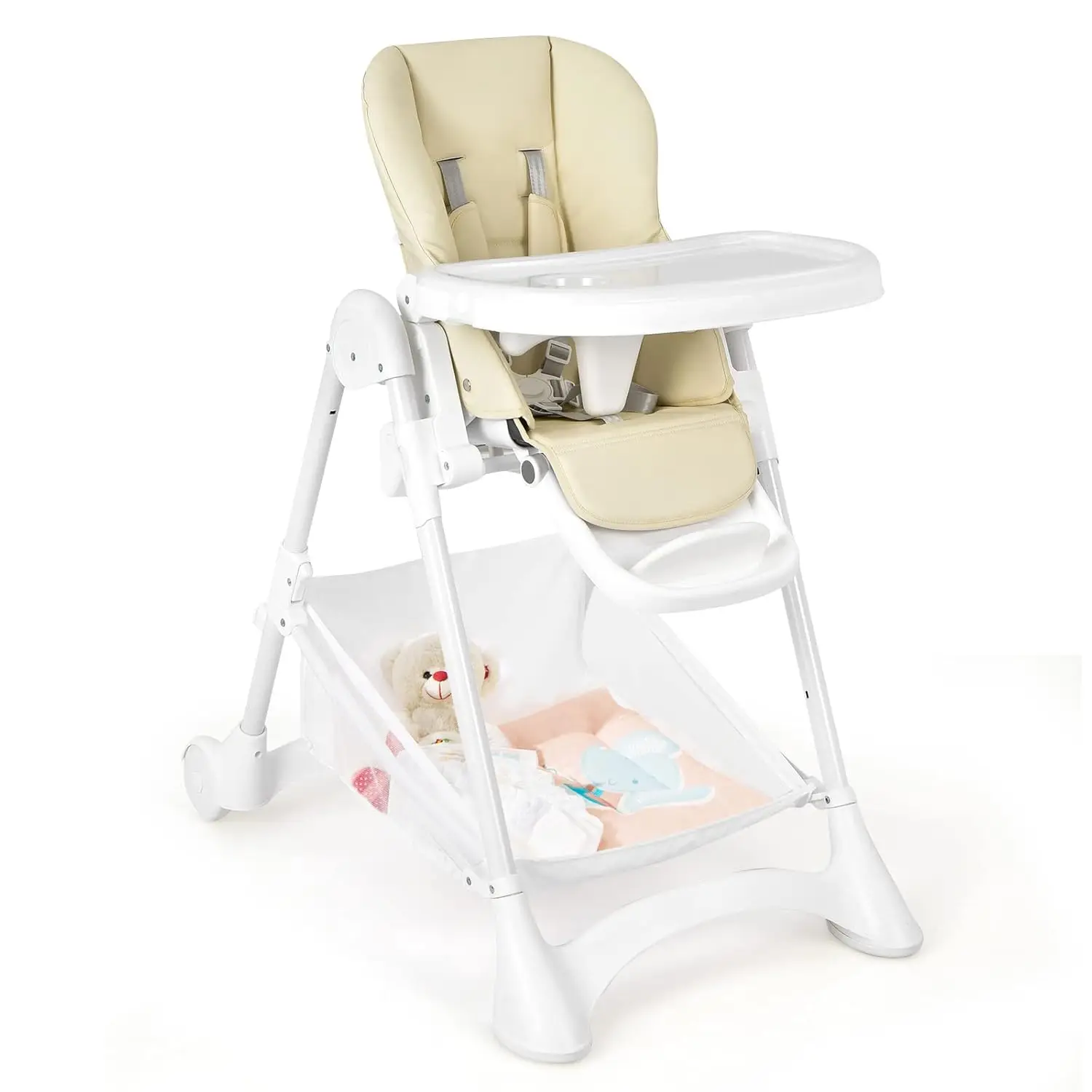 Baby High Chair, Foldable Highchair for Babies and Toddlers, Detachable Trays & PU Leather Seat Cushion,