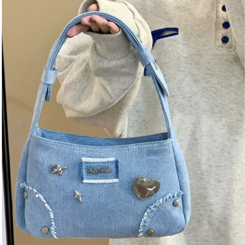 Fashion Y2K Bags 2024 New Chic Design Denim Blue Shoulder Bags for Women Harajuku Trendy Rivet Underarm Bag Bolso сумка