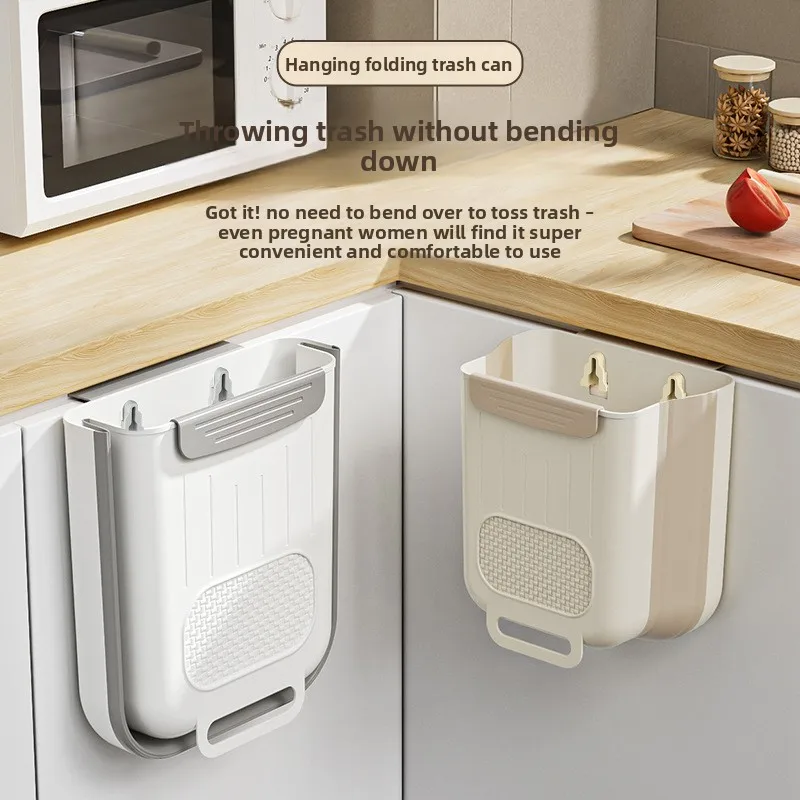 Foldable Wall Mounted Kitchen Trash Can Food Waste Sorting Cabinet Door Storage Bucket Hanging Paper Basket for Household