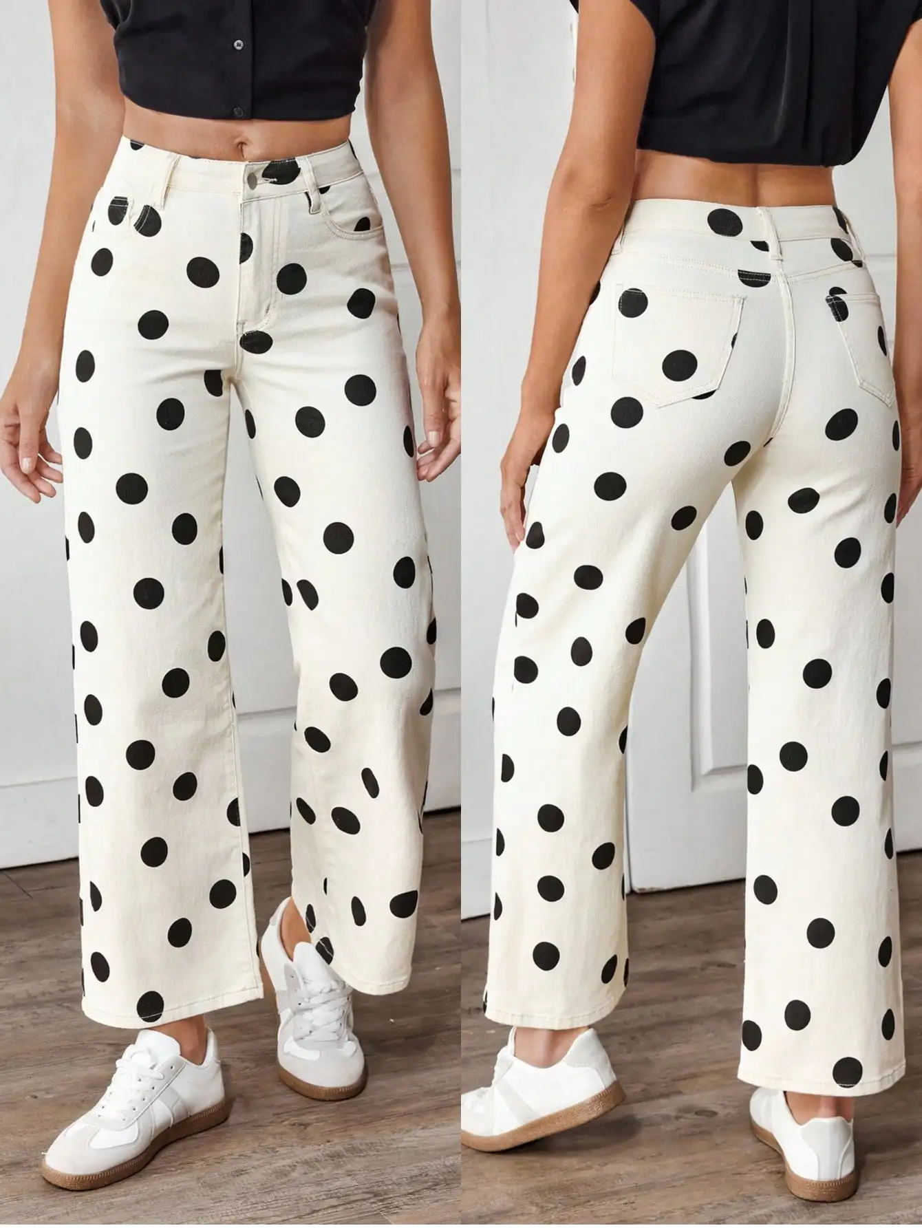 

Женские джинсы с высокой талией и широкими штанинами в горошек, повседневные модные джинсовые брюки