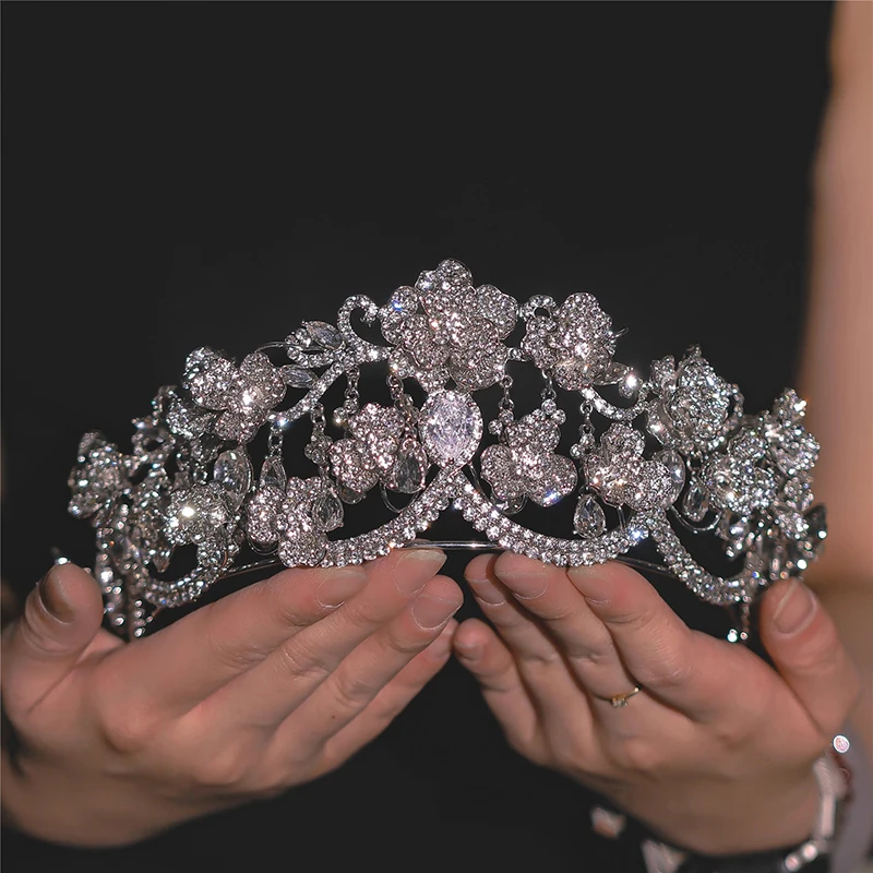 High Grade Rhinestones Roses Flower With Tassel Three Dimensional Hair Crown Bridal Wedding Accessories Wedding Headwear