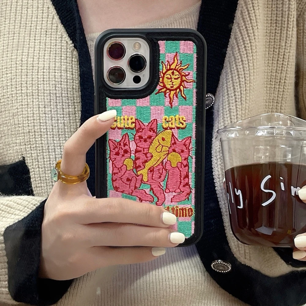 Fashion Embroidery cute cartoon finsh cat Phone Case for IPhone 14 13 12 11 Pro Max XS XR Colorful Back Cover