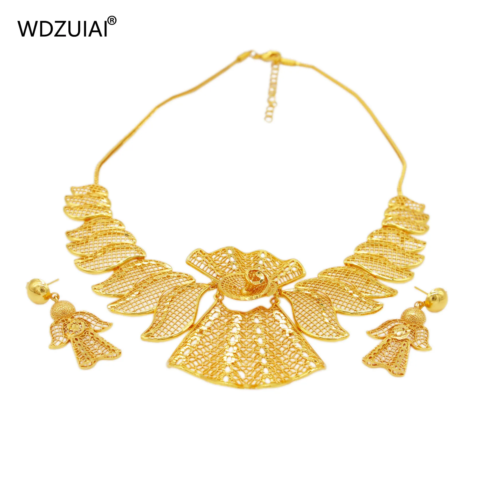 WDZUIAI New Arrival Wing Shape Gold Color Charm Necklace&Earrings Set Israel Spain Women Girl Party Gift African Wedding Jewelry