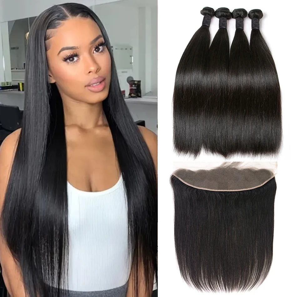 Silkly Straight Human Hair Bundles With 13x4 HD Lace Frontal  Brazilian Weaving 3 Bundles With Clossure for Women Extensions