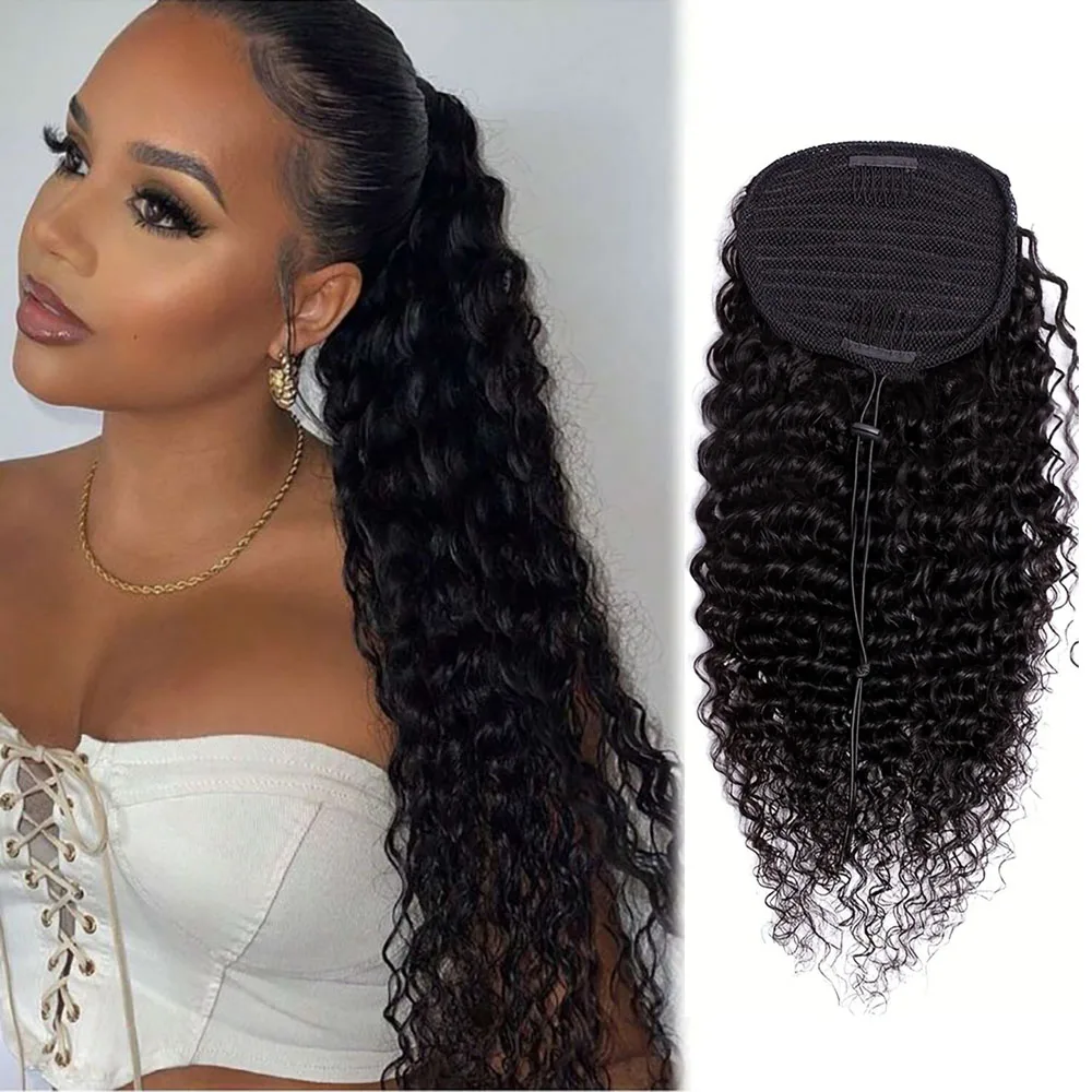 

Глубокие волнистые волосы, конский хвост, хвост на шнурке, 100% бразильские человеческие волосы Remy, наращивание хвоста, натуральные волосы для женщин