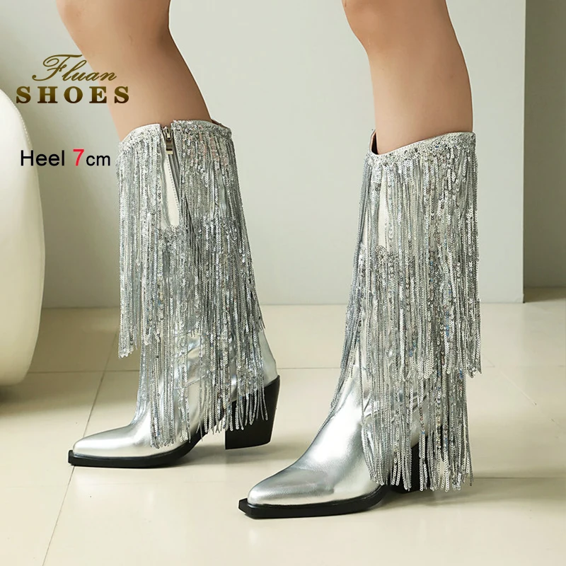 

Tassel Boots Knee-high Western Style Shoes For Woman 7CM Block Heel Pointed Toe Cowgirl Boots Glitter Sequin Fashion Party Shoes