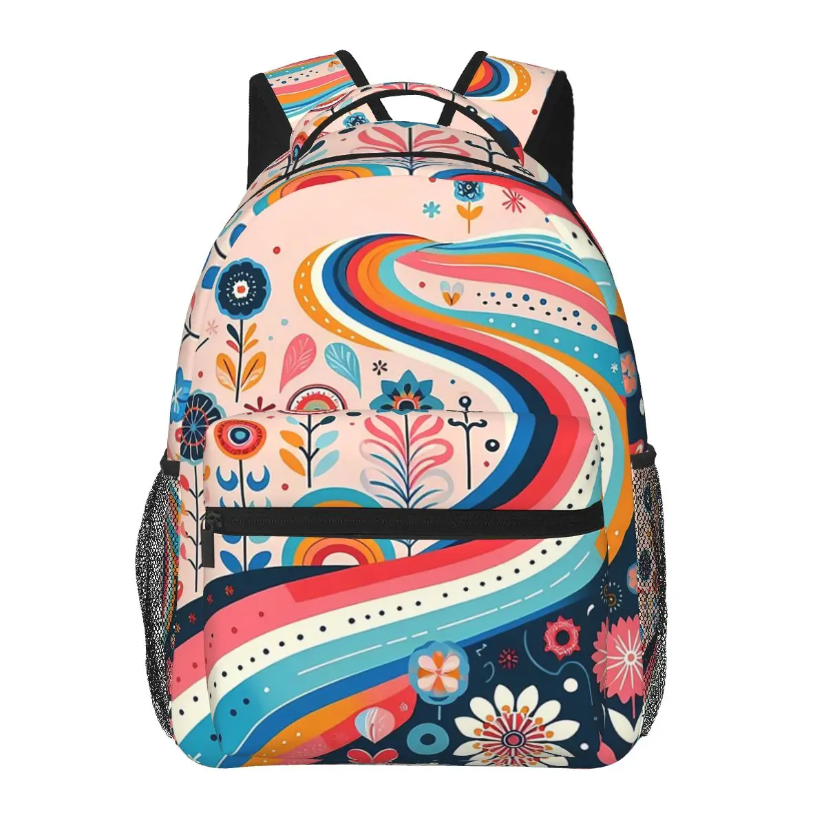

Scandinavian Folk Art Rainbow Ribbon River Backpack Hot Sale Daypack Kids BookBag School Bag Shoulder Bags for Men Women