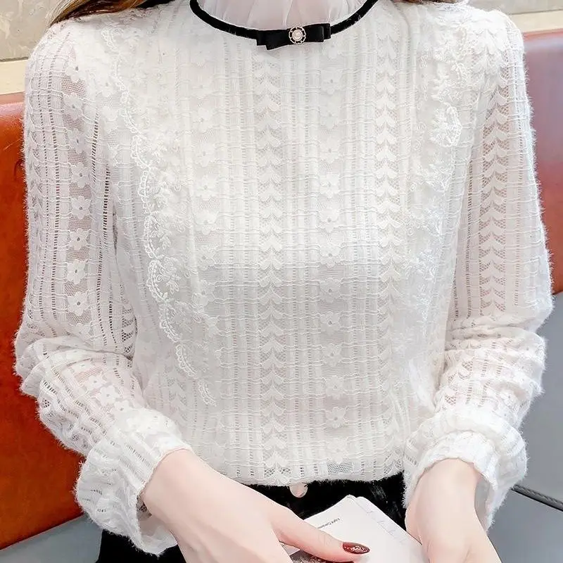 French Stand Collar Lace Women\'s Autumn Winter 2024 New Spliced Hollow Out Fashion Solid Color Slim Casual Long Sleeved Tops