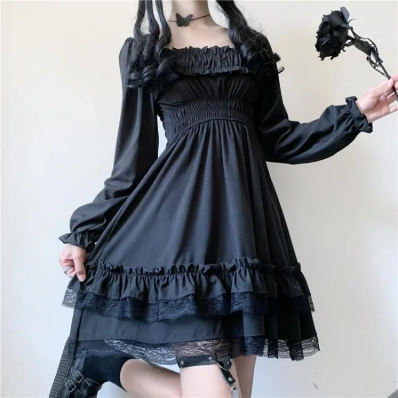 Japanische Lolita Stil Frauen Prinzessin schwarz Mini kleid Slash Neck hohe Taille Gothic Kleid Puff ärmel Spitze Rüschen Party kleider