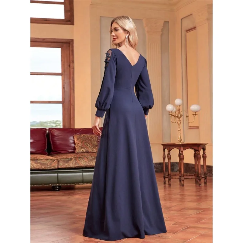 New long-sleeved dress V-neck bead long dress slim fishtail bridesmaid banquet evening dress female LY2348