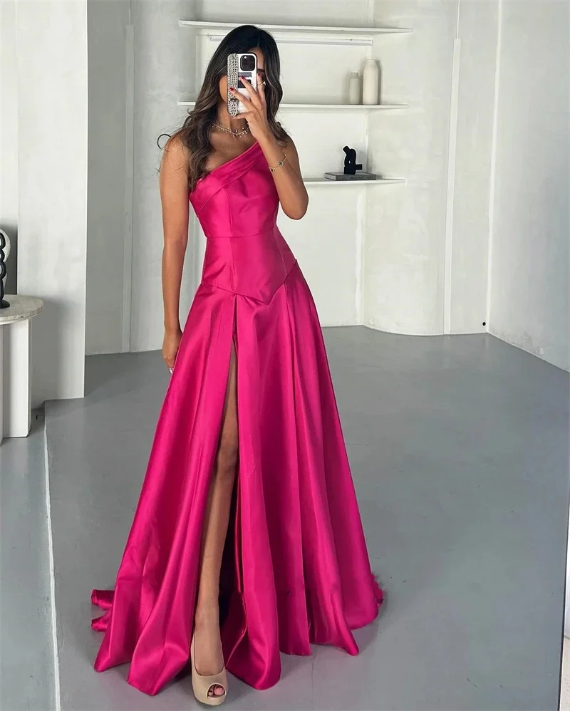 

Sexy Long Satin Dressed A-line One Shoulder High Waist Split Evening Formal Evening Party Prom Dressed Customized