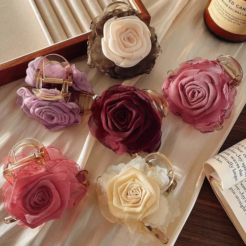 

Dried Rose Grab Clip Women's High End New Camellia Half Hair Clip Shark Clip Flower Headpiece Hair Clips for Women