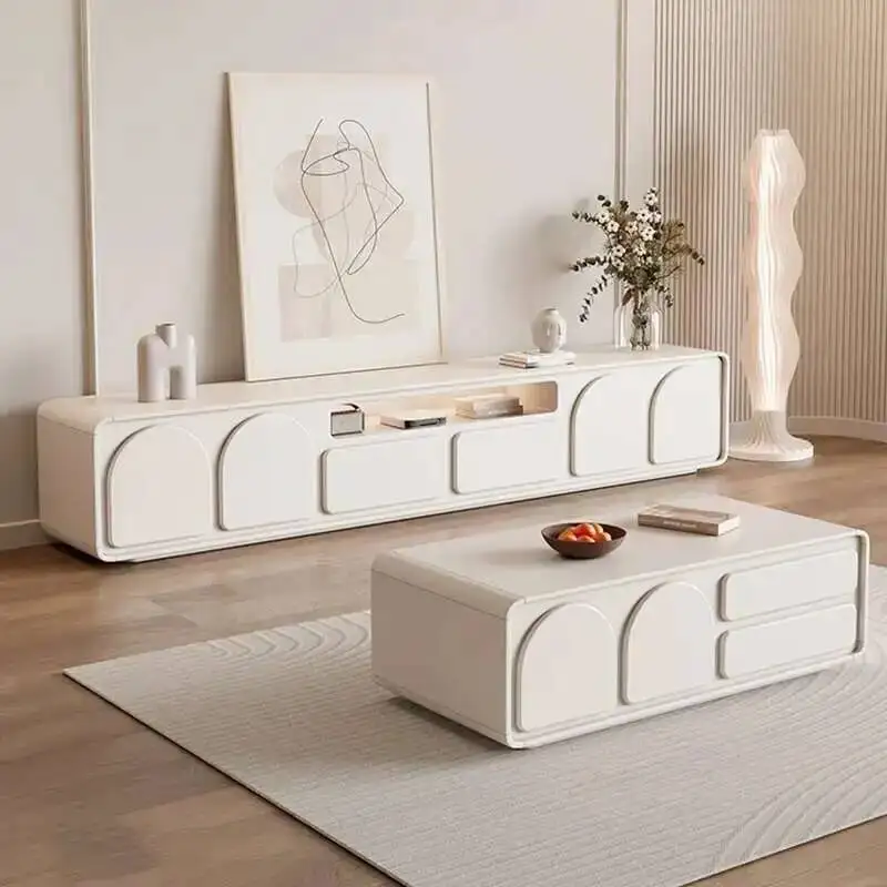 شاشة الطاولة الأبيض الموقد كريم خزائن التلفزيون الحديثة صالون فاخر عرض التلفزيون تقف الطابق Suporte الفقرة تلفزيون ديكور المنزل #5