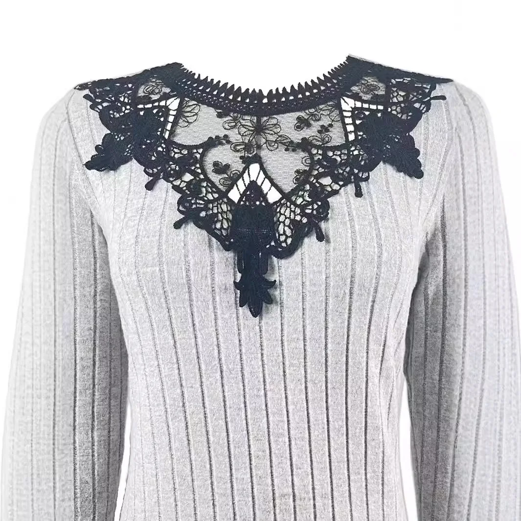 2024 Autumn/Winter New Women's Fashion Style Casual Commuting Sexy Splicing Solid Color Long Sleeve Lace Knitted T-shirt