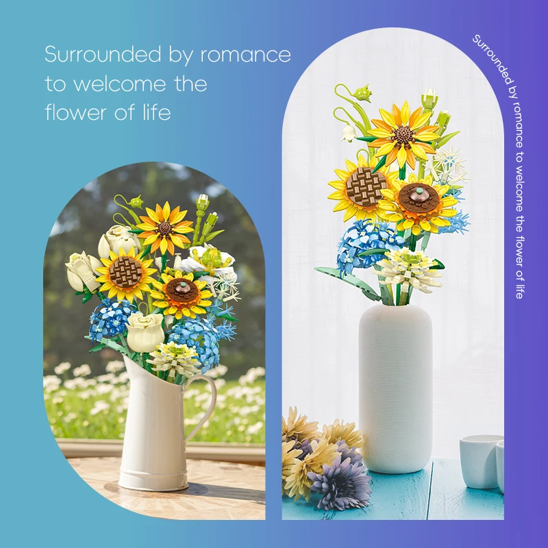 Blocs de construction de 13 fleurs, fleur éternelle, tournesol, œillet, Bouquet de roses, modèle en briques, jouets romantiques pour filles, jouets pour enfants