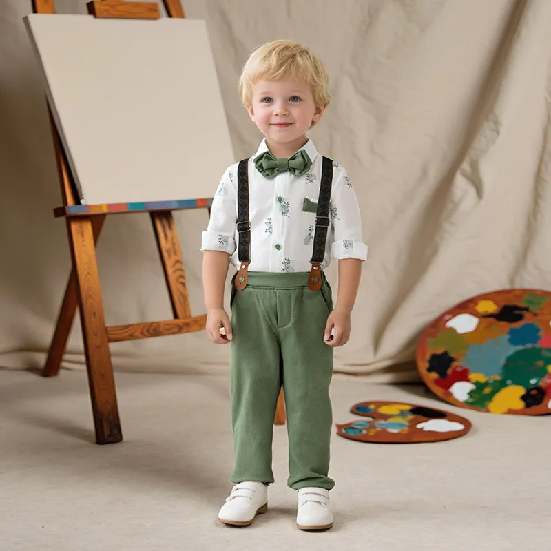 

2026 Spring Autumn Boys Formal Suit British Style Gentleman Outfit Suspender Pants 2PCS Set Wedding Birthday Party Wear