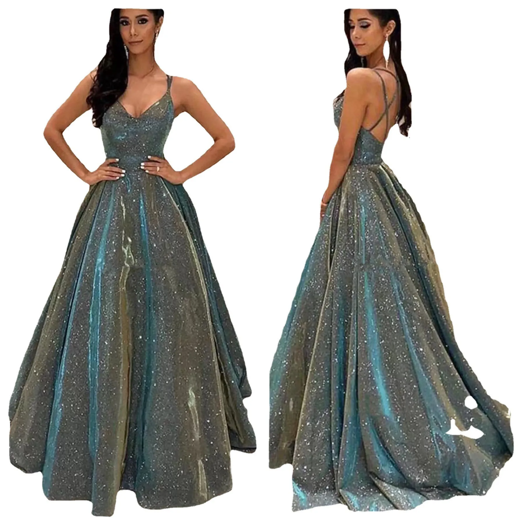 V Neck a Line Gown Elegant with Princess Sleeve Spaghetti Strap Sleeveless Mid Waist Maxi Length Slim Fit Autumn for Women