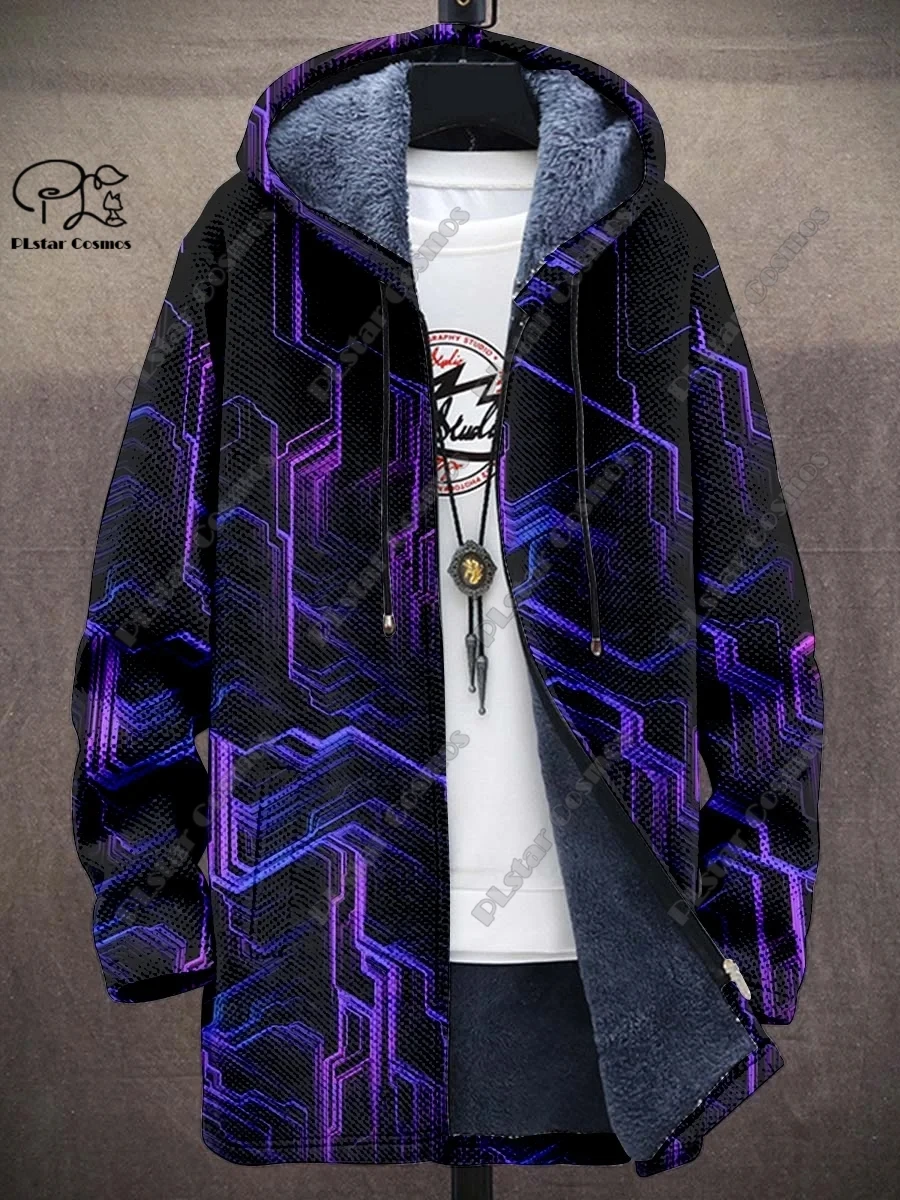 3D printed new winter hooded unisex retro geometric gradient art pattern plush thickened long-sleeved casual warm jacket DY-11