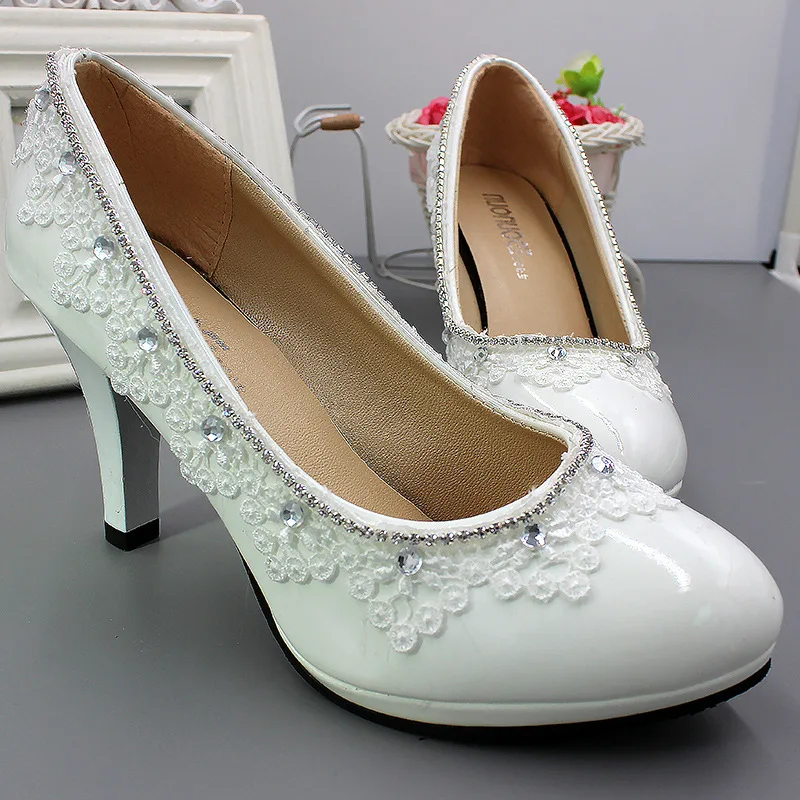 

Spring and Autumn Fashion New Sexy Pumps Wedding PU 3 5 8CM Thin Heels Fashion Rhinestone Lace Shallow Women Shoes White