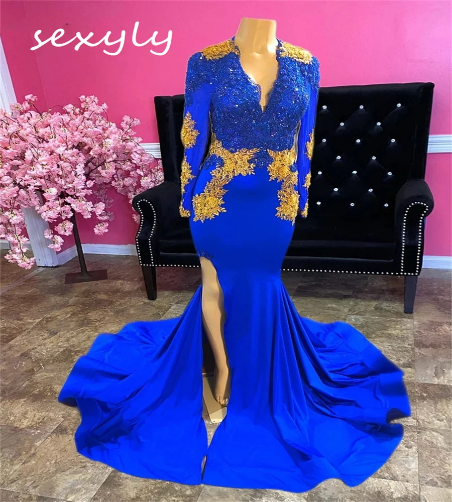 Real Picture Blue Evening Dress Elegant Gold Lace Mermaid Prom Dresses For Black Girls Elegant V Neck Long Sleeve Party Gowns