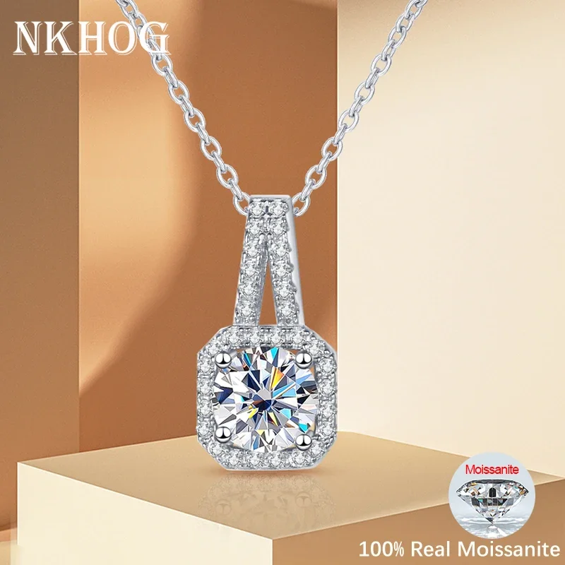 NKHOG Real Moissanite Necklace 925 Sterling Silver Pendant Women D Color 18K Plated Square Diamond Tested Pass Gift Fine Jewelry