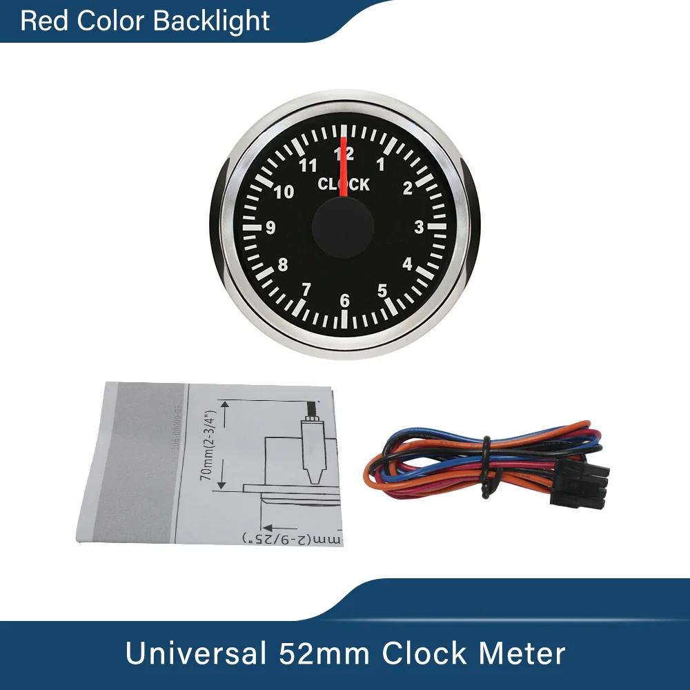 52mm 2" Clock Meter Gauge 12-Hour Format with Red Backlight 12V/24V Car Boat Clock Waterproof view 5