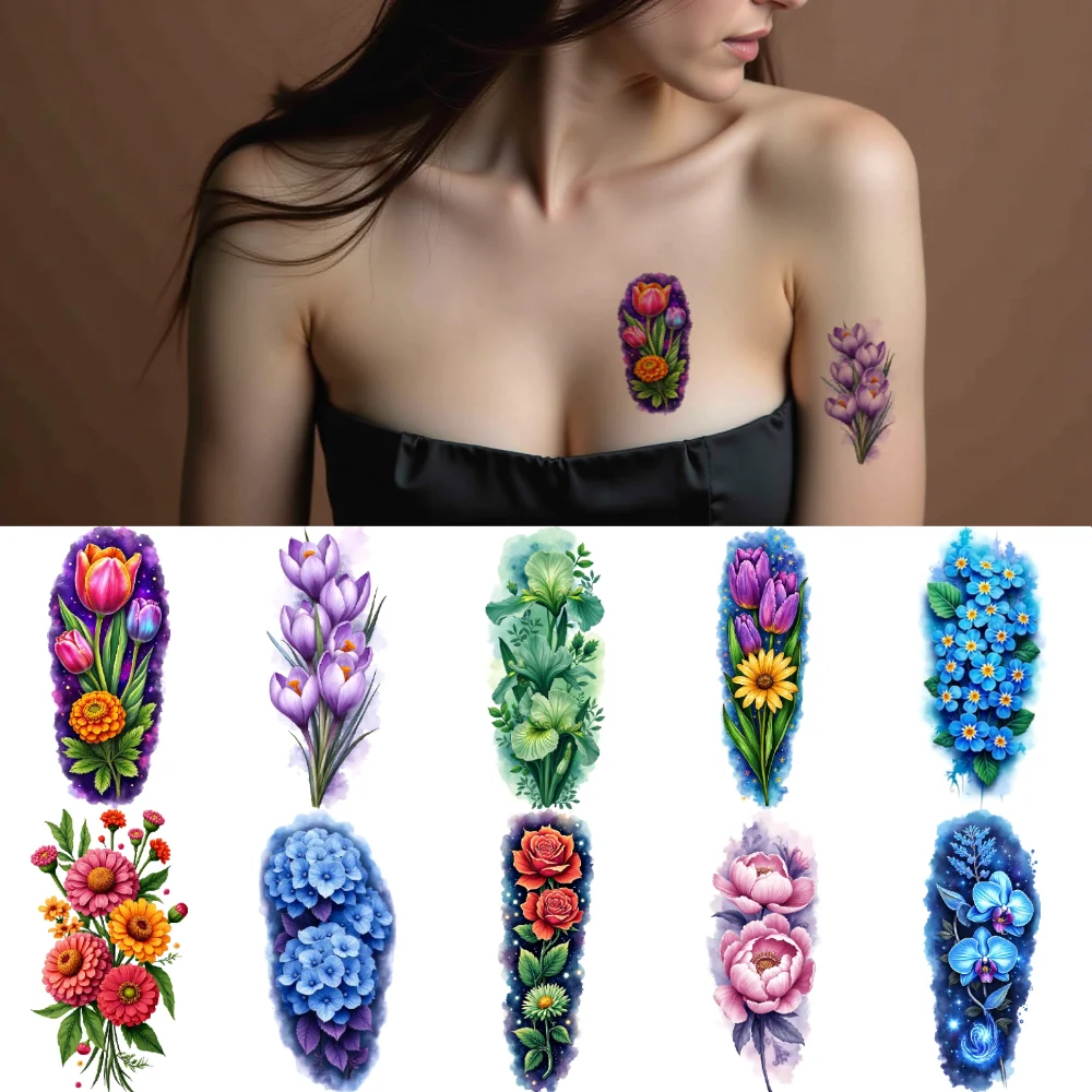 

9pcs Temporary Tattoo Colorful Realism Red Flower Pink Rose Peony For Arms Male Shoulders