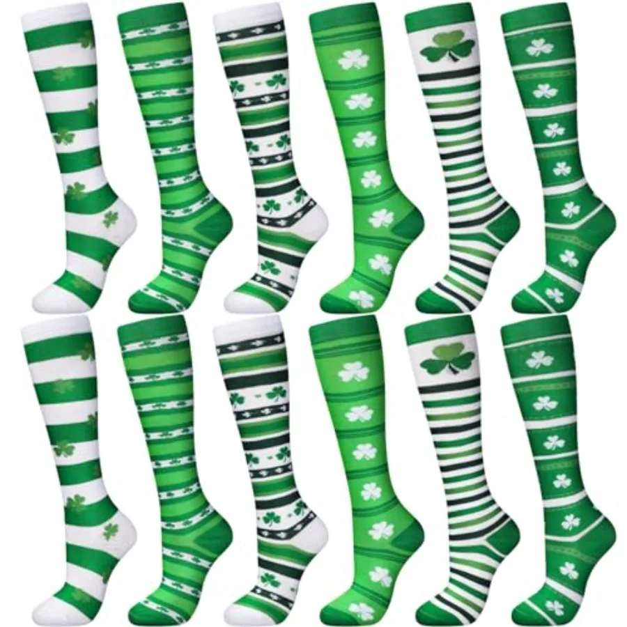 

12 пар носков с клеверами ко Дню Святого Патрика, ирландские зеленые и белые полосатые гольфы для женщин и мужчин, подарки для костюмированных вечеринок