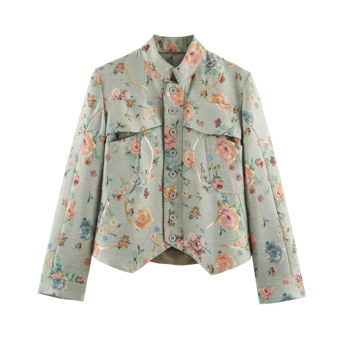 Women's Blazer 2026 Autumn New Fashion Sequin Stand Collar Vintage Print Long Sleeve Slim Fit Street Style Suit Jacket