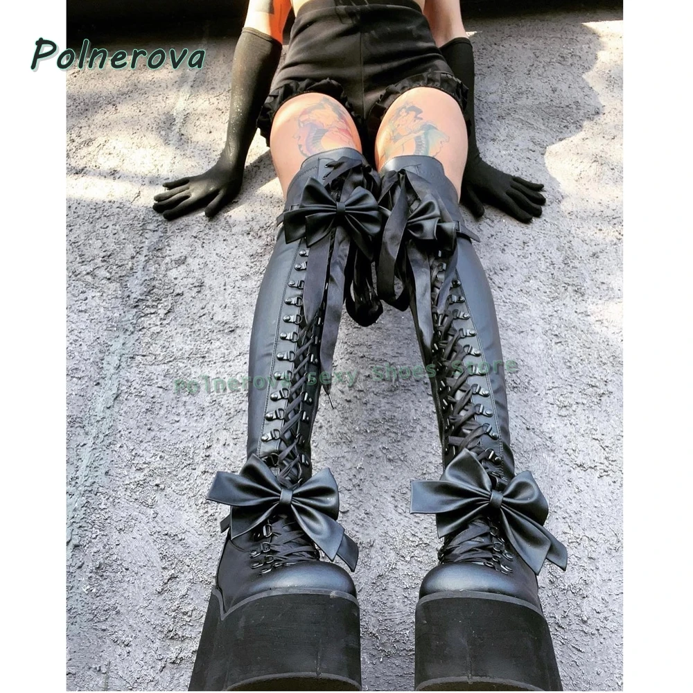 

Bowknot Sexy Platform Over The Knee Boots Round Toe Wedge Cross Tied Cosplay Y2K Women Long Boots 2025 Subculture Style Shoes