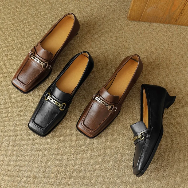 2024 New Cowhide Square Head British Retro Single Shoes Women's Metal Buckle Fashion One Step Slim Heel Small Leather Shoes