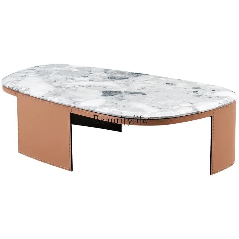 

Italian light luxury saddle leather coffee table Italian simple stainless steel marble edge table