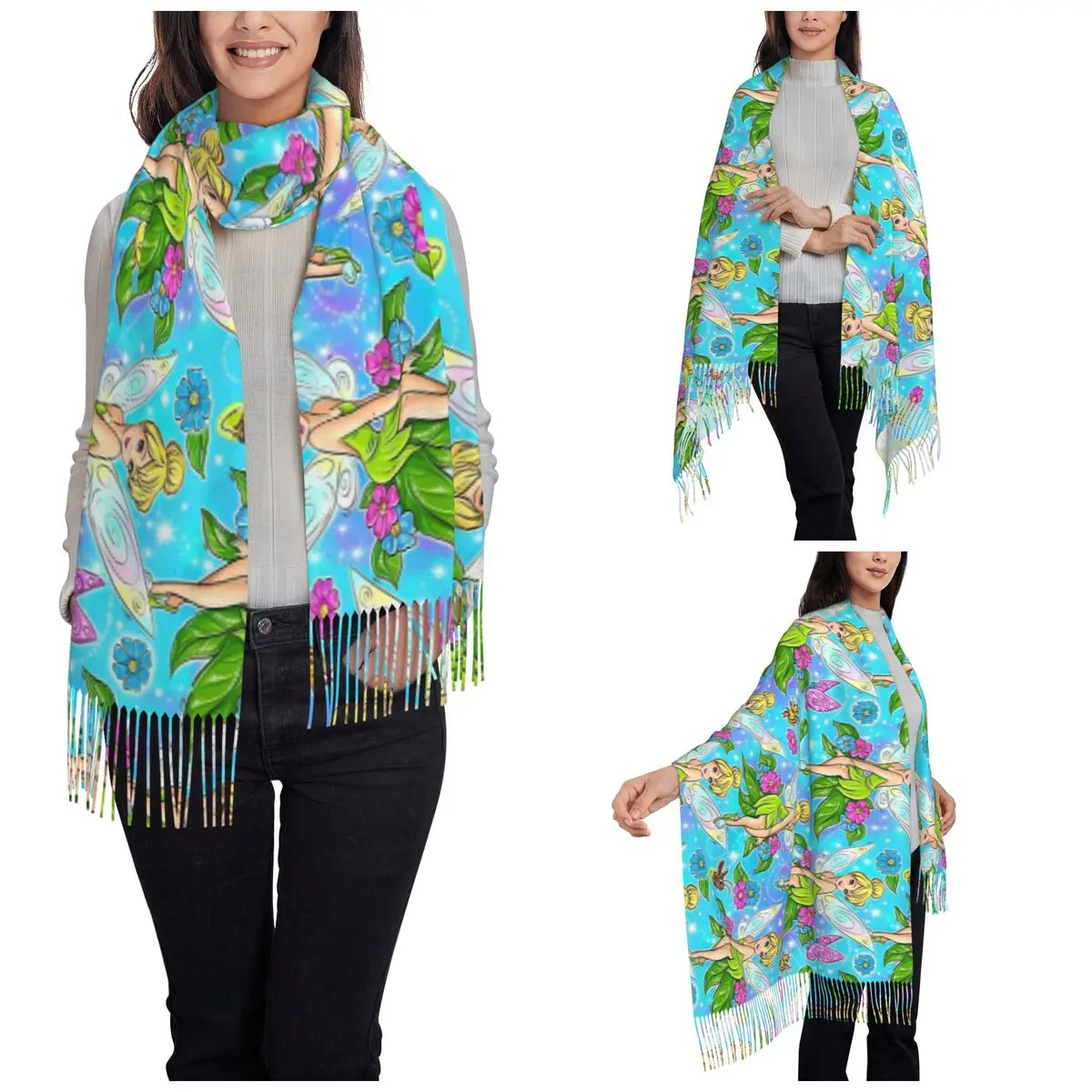 Tinker Bell Fairy Cartoon Shawl Wrap Womens Winter Long Soft Scarf Princess Flower Anime Pashmina Shawl Scarves