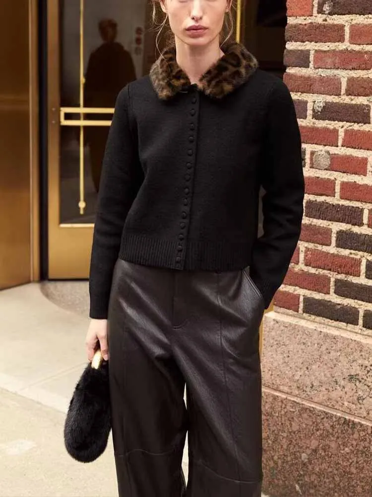 Estilo europeu e americano outono recém chegados elegante e simples feminino efeito de pele sintética lapela malha cardigan