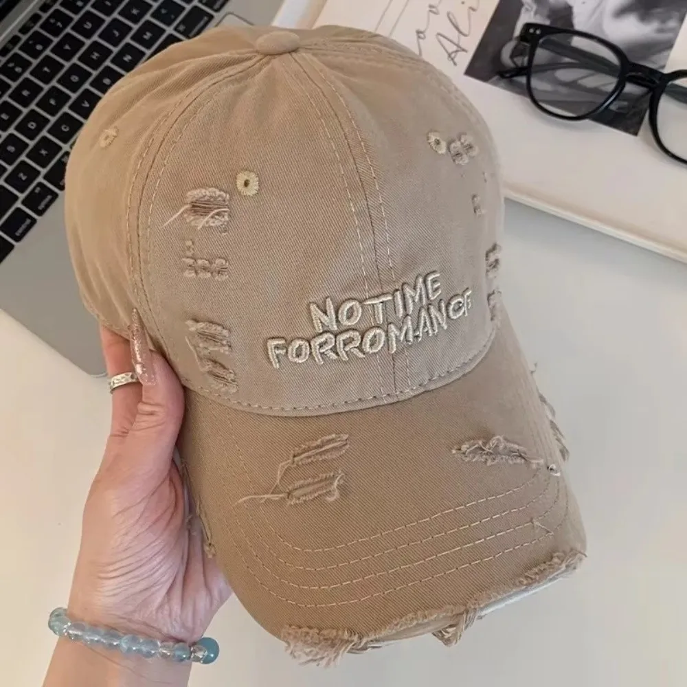 Casual Adjustable Ripped Baseball Cap Korean Alphabet Embroidery Holes Peaked Cap Vintage Washed Cotton Snapback Cap Streetwear